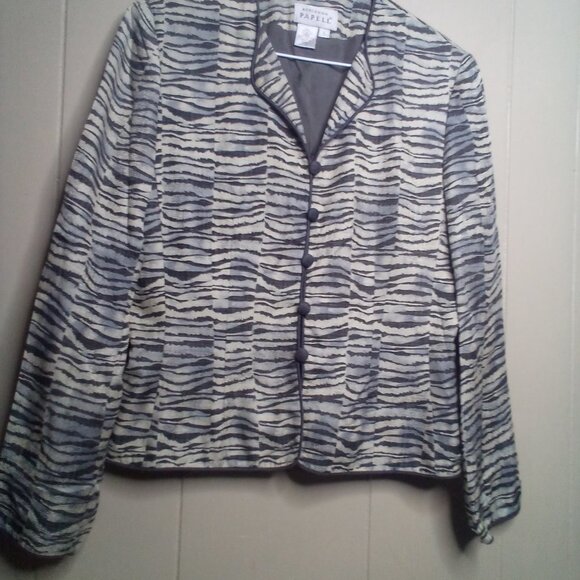 Adrianna Papell Blazer Jacket 6 Lightweight Button Up Tan Gray Patterned Silk - Picture 11 of 14